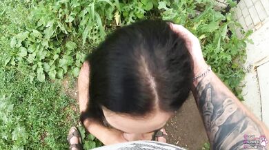Public Cum Swallow Behind Garages During the Walk - POV