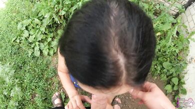 Public Cum Swallow Behind Garages During the Walk - POV