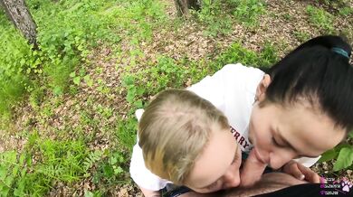 Two Girlfriends Suck Cock in the Woods - Threesome Outdoor Blowjob - Public POV