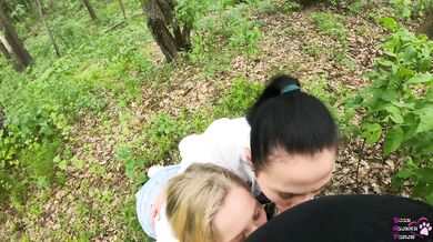 Two Girlfriends Suck Cock in the Woods - Threesome Outdoor Blowjob - Public POV