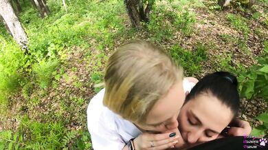 Two Girlfriends Suck Cock in the Woods - Threesome Outdoor Blowjob - Public POV