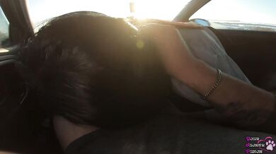 Quick blowjob with swallow in the car near the road