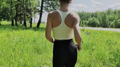 Sexy fit blonde sucked and gave in young hairy pussy in forest to her former classmate