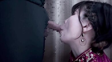Female college student put on a Chinese dress and have a blowjob and cum in mouth