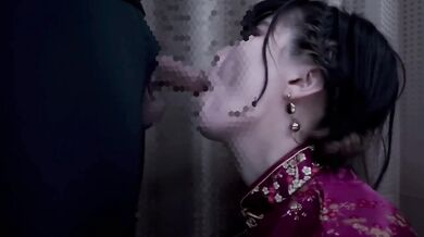 Female college student put on a Chinese dress and have a blowjob and cum in mouth