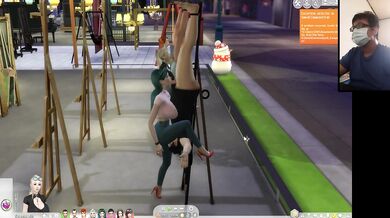 The Sims 4:6 people having intense sex on an easel
