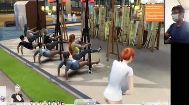 The Sims 4:6 people having intense sex on an easel