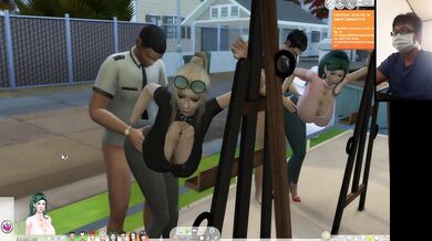 The Sims 4:6 people having intense sex on an easel