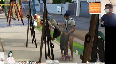 The Sims 4:6 people having intense sex on an easel