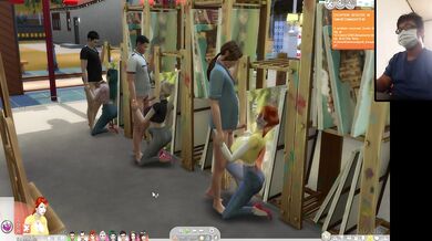 The Sims 4:6 people having intense sex on an easel