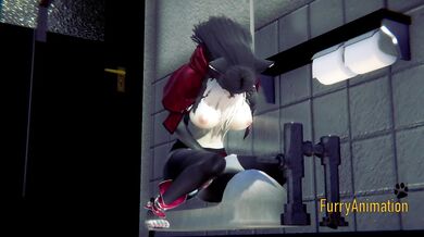 Furry Hentai - Black Kitty Fingering in a Japanese Toilet