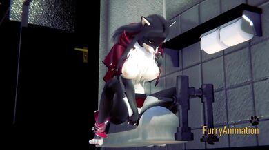 Furry Hentai - Black Kitty Fingering in a Japanese Toilet