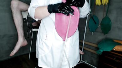 Chubby beautiful nurse gives a 1.5 liter enema bag to the patient