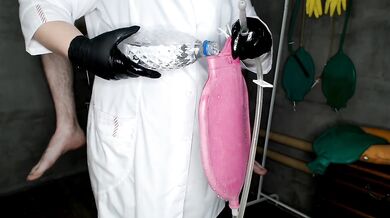 Chubby beautiful nurse gives a 1.5 liter enema bag to the patient