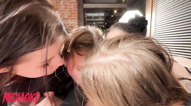 Four whores greedily suck my dick - group blowjob.