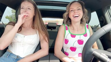 Nadia Foxx & Serenity Cox using Lush remote controlled vibrators in public drive thru & cumming hard