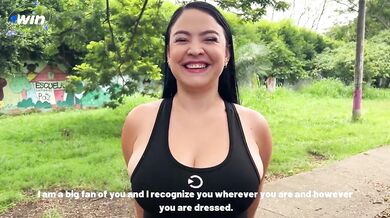 Fan finds busty Daniela Gomez and invites her to fulfill her fantasies outdoors in a public park.