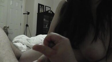 Voluptuous MILF licks hubby's balls and fingers his ass till he cums!