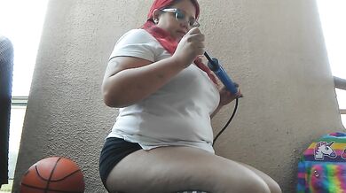 School Girl Inflates Belly Outside in Knee High Socks