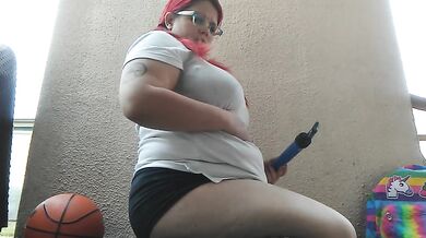 School Girl Inflates Belly Outside in Knee High Socks