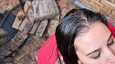 Teen sucking cock and drinking piss in alley