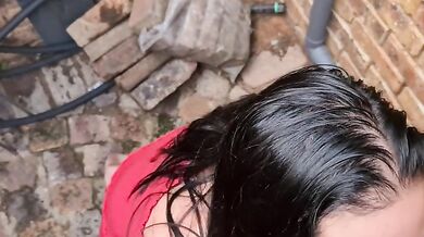Teen sucking cock and drinking piss in alley