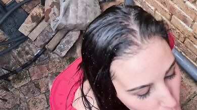 Teen sucking cock and drinking piss in alley