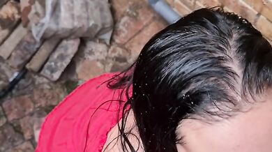 Teen sucking cock and drinking piss in alley