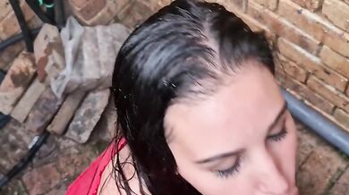 Teen sucking cock and drinking piss in alley