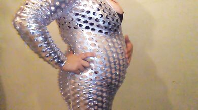 Shiny Catsuit Belly Inflation w/ Aquarium Pump