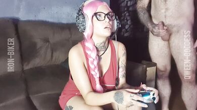 Fucking the hot nerd while she plays video games.