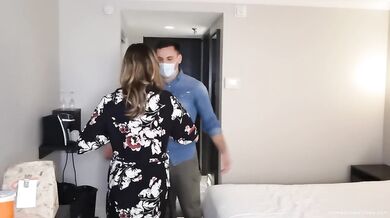 Busty blonde gets full service in the hotel room