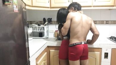 stepsister is in the kitchen, I touch her, she likes it, I kiss her, I take off her shorts and I lic