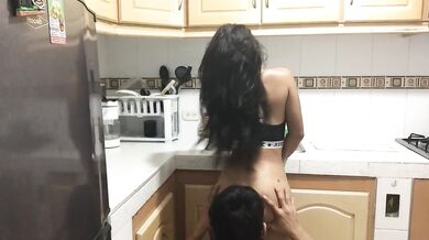 stepsister is in the kitchen, I touch her, she likes it, I kiss her, I take off her shorts and I lic