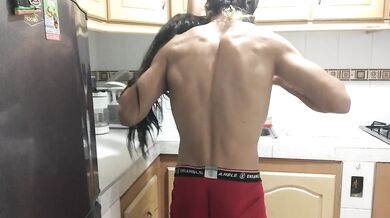 stepsister is in the kitchen, I touch her, she likes it, I kiss her, I take off her shorts and I lic