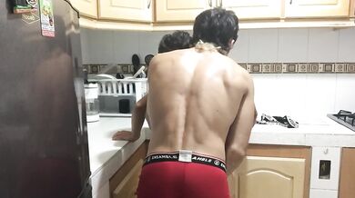 stepsister is in the kitchen, I touch her, she likes it, I kiss her, I take off her shorts and I lic