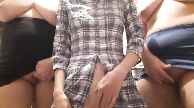 Three students masturbate in the shared kitchen of the dorm and quickly cum with loud moans