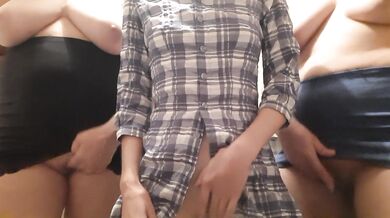 Three students masturbate in the shared kitchen of the dorm and quickly cum with loud moans