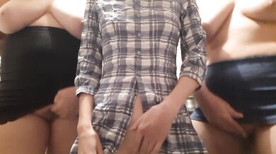 Three students masturbate in the shared kitchen of the dorm and quickly cum with loud moans