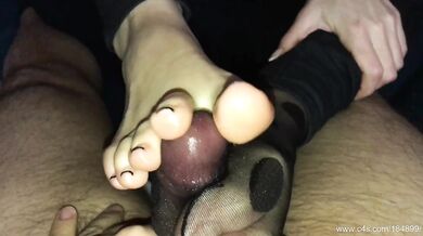 Late night nylon socks footjob cum filling