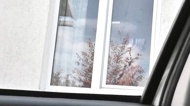 Naked in public. Taxi driver watches sexy woman Milf in robe without panties and bra clean apartment window Outdoors Outside Tits Pussy Public nudity