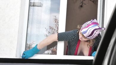 Naked in public. Taxi driver watches sexy woman Milf in robe without panties and bra clean apartment window Outdoors Outside Tits Pussy Public nudity