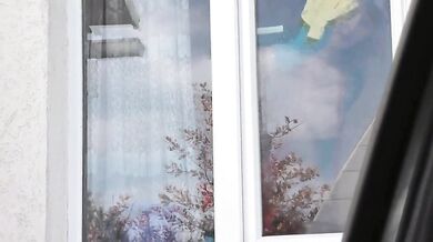 Naked in public. Taxi driver watches sexy woman Milf in robe without panties and bra clean apartment window Outdoors Outside Tits Pussy Public nudity