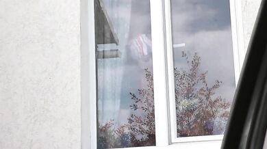 Naked in public. Taxi driver watches sexy woman Milf in robe without panties and bra clean apartment window Outdoors Outside Tits Pussy Public nudity