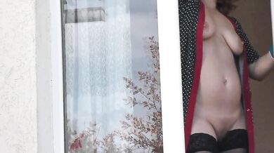 Naked in public. Taxi driver watches sexy woman Milf in robe without panties and bra clean apartment window Outdoors Outside Tits Pussy Public nudity