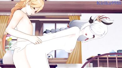 Shenhe and Aether have intense sex in the bedroom. - Genshin Impact Hentai