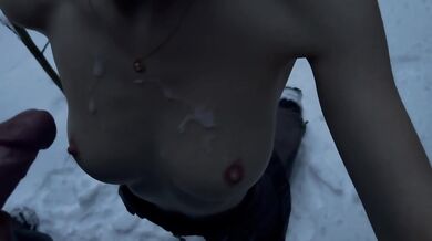 Teen sucks my dick in the snowy forest until I come all over her perfect tits