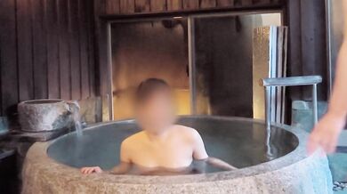 Endurance sex in an open-air bath while wearing a black see-through dress