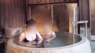 Endurance sex in an open-air bath while wearing a black see-through dress