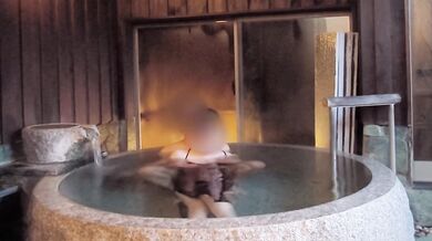 Endurance sex in an open-air bath while wearing a black see-through dress